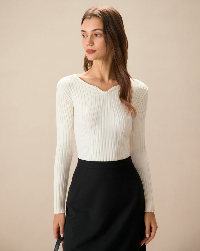 Beyaz V Yaka Teardrop Ribbed Triko Üst
