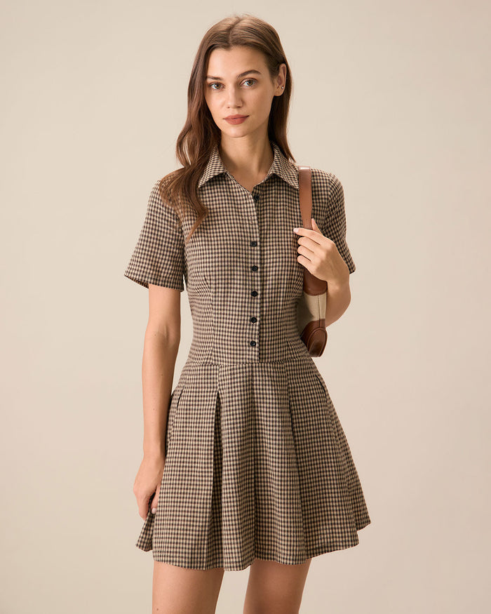 Kahverengi Ekoseli Lapel Pileli Mini Elbise