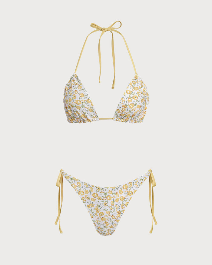 Sarı Çiçek Desenli Üçgen Bikini Takımı
