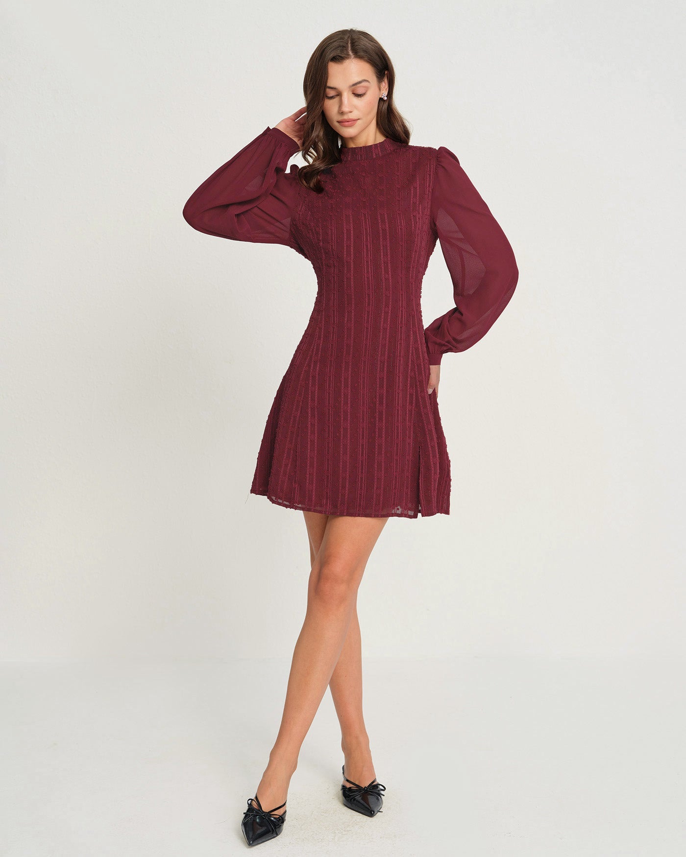 Bordo Şifon Yarım Balıkçı Yaka Mini Elbise
