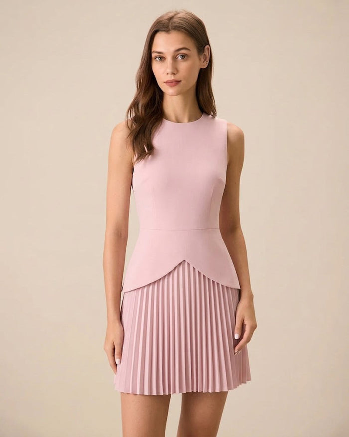 Pembe Yuvarlak Yaka Skater Mini Elbise