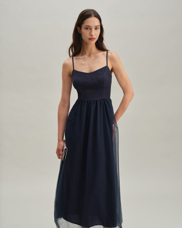 Mavi Büzgülü Flowy Slip Maxi Elbise