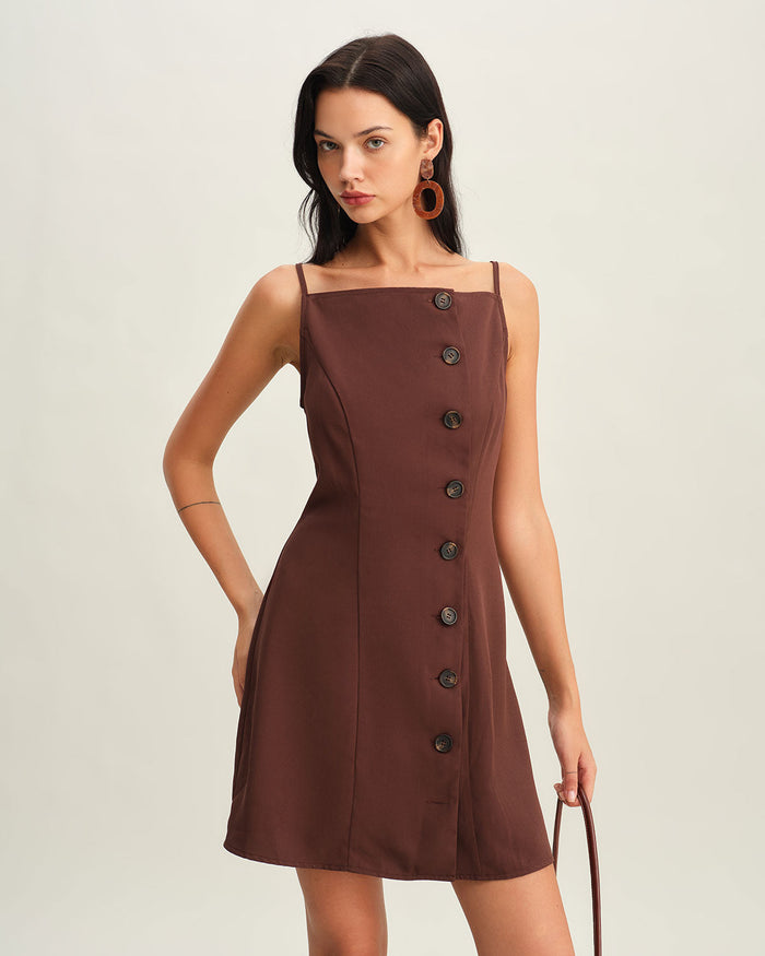 Kahverengi Düğmeli Pileli Slip Mini Elbise