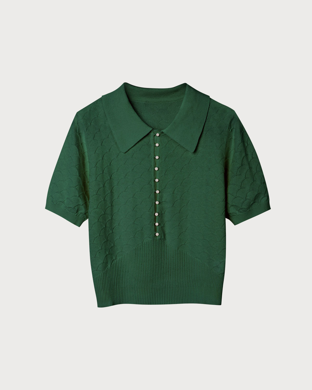 Yeşil Kısa Sleeve Dokulu Lapel Triko Tişört