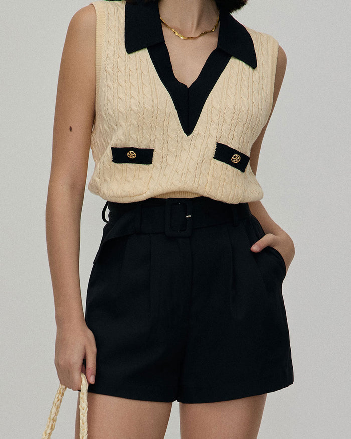 Siyah High-waisted Pileli Belted Şort