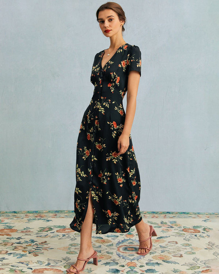 Siyah V Yaka Çiçek Desenli Kısa Sleeve Maxi Elbise