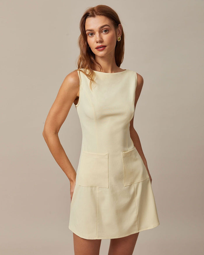 Sarı Kayık Yaka Cutout Mini Elbise