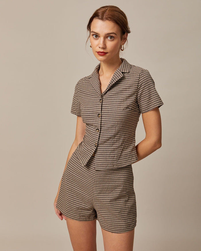 Kahverengi Lapel Gingham Kısa Sleeve Bluz