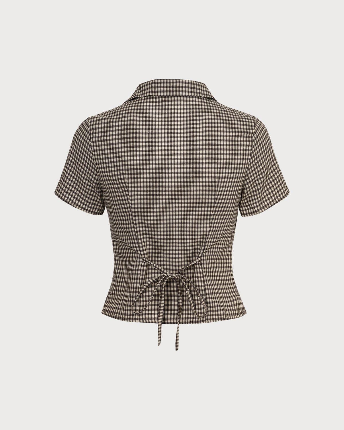 Kahverengi Lapel Gingham Kısa Sleeve Bluz