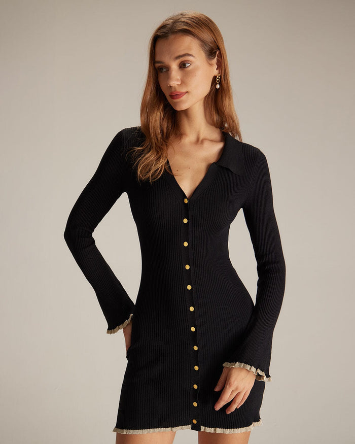 Siyah V Yaka Contrast Trim Triko Mini Elbise