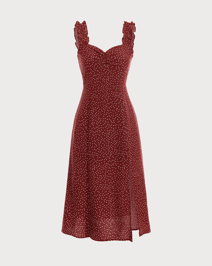 Kırmızı Frill Trim Side Split Midi Elbise