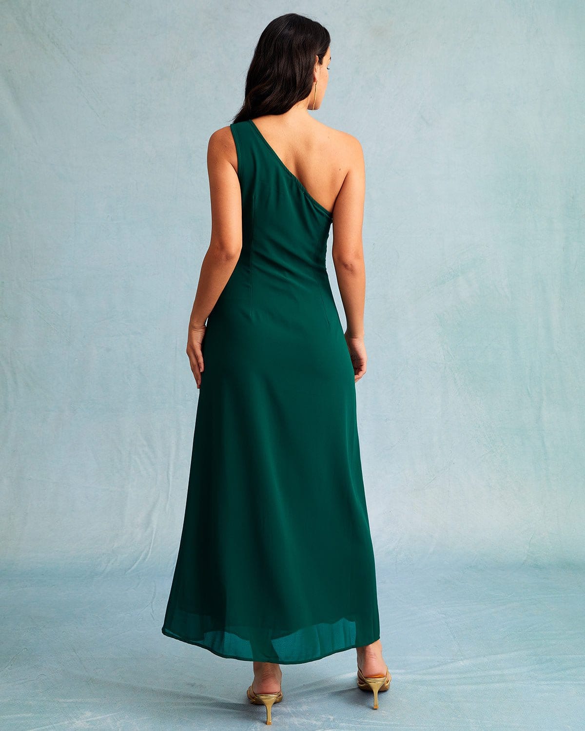 Yeşil One Shoulder Kolsuz Maxi Elbise
