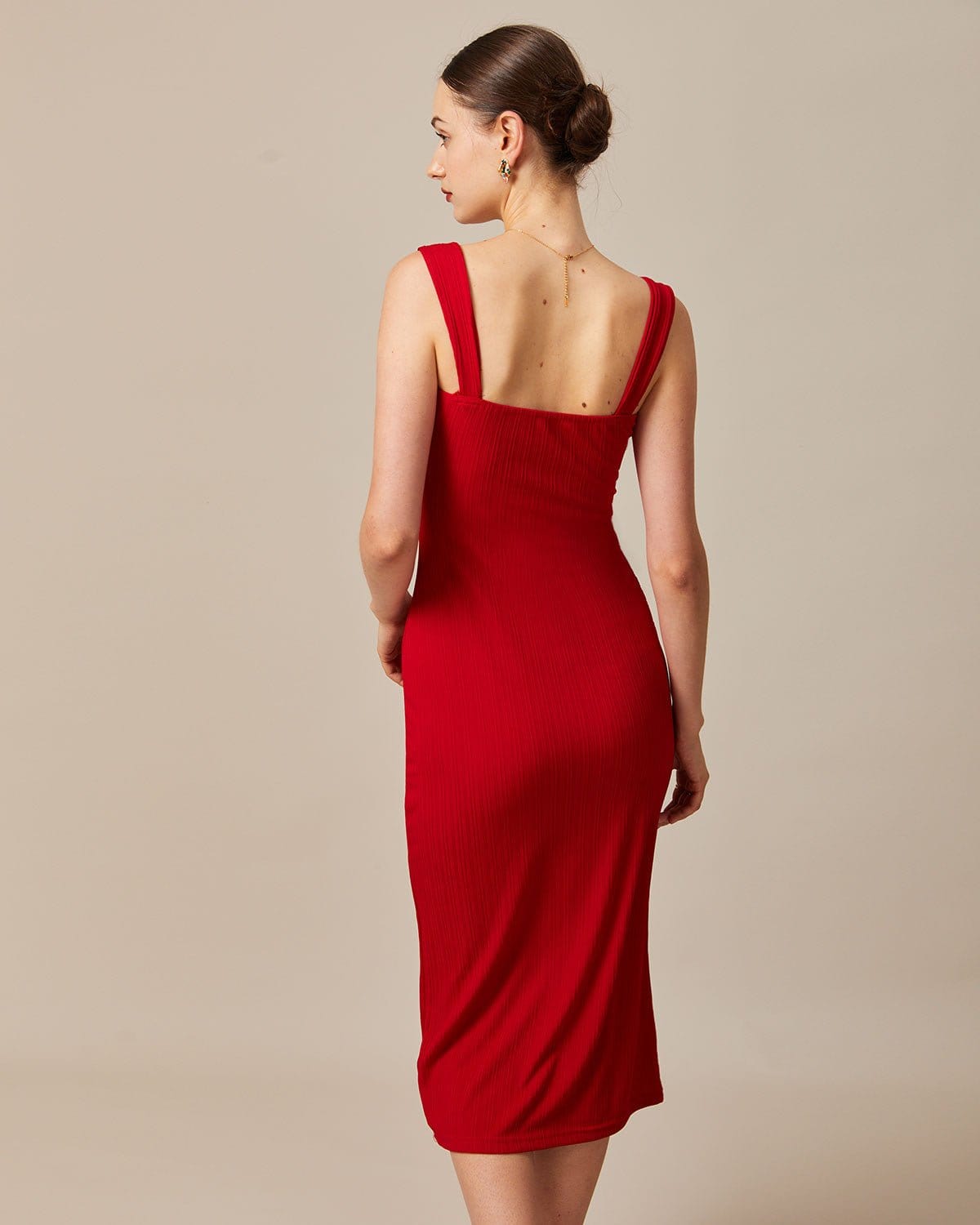 Kırmızı Kare Yaka Ribbed Midi Elbise