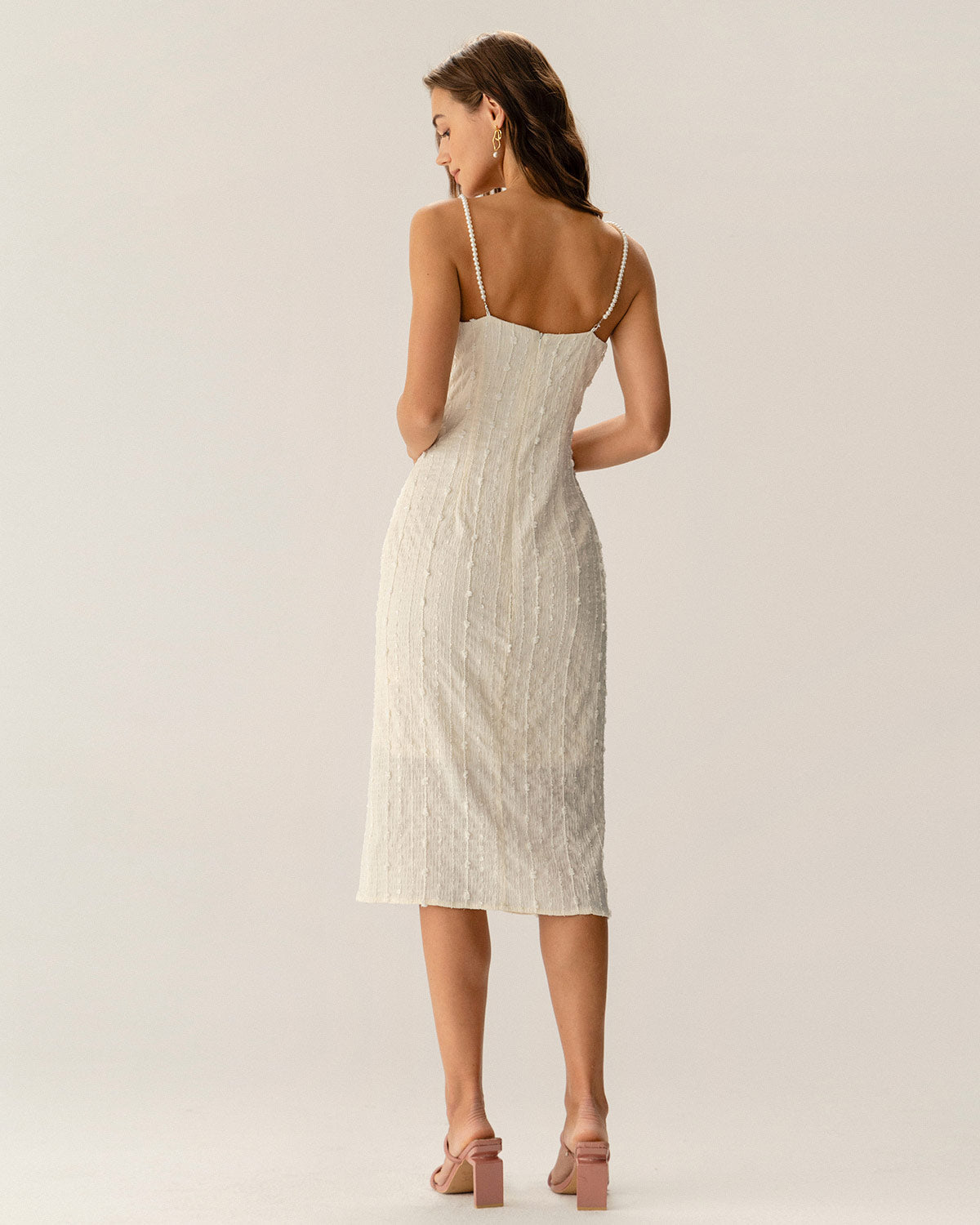 Bej Dokulu Beaded Slip Midi Elbise