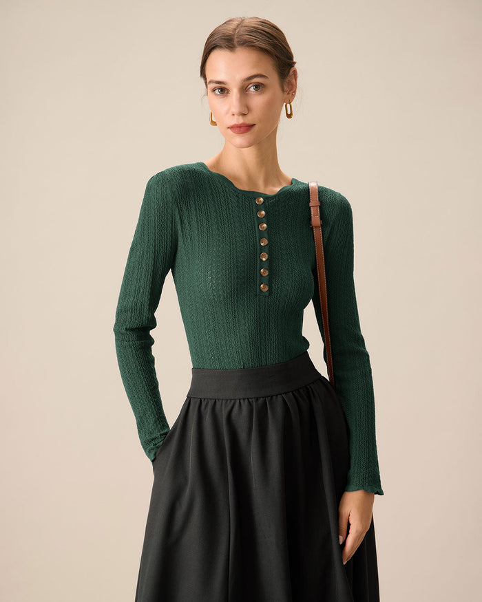 Yeşil Scalloped Dar Kalıp Kazak