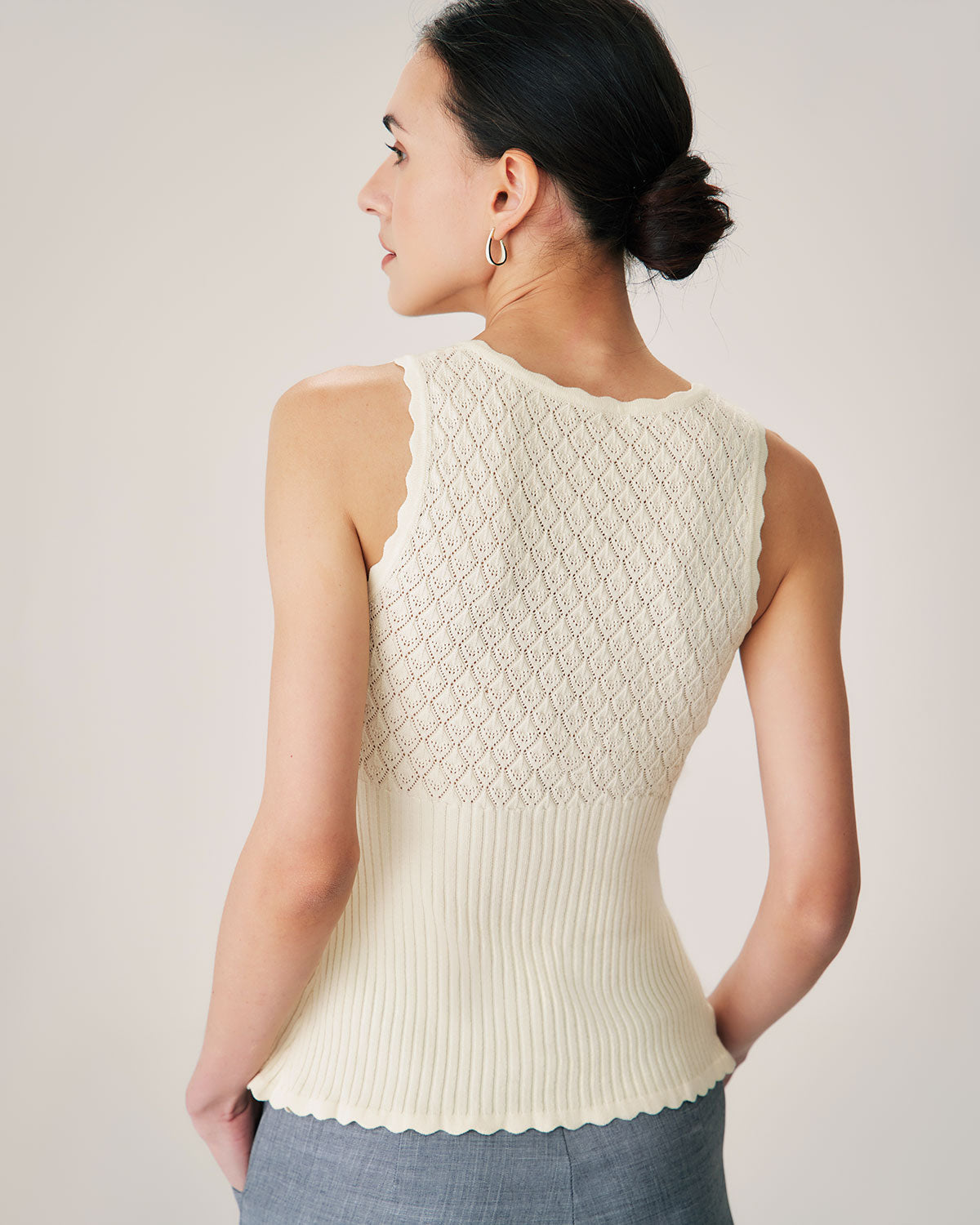 Bej V Yaka Ribbed Triko Tank