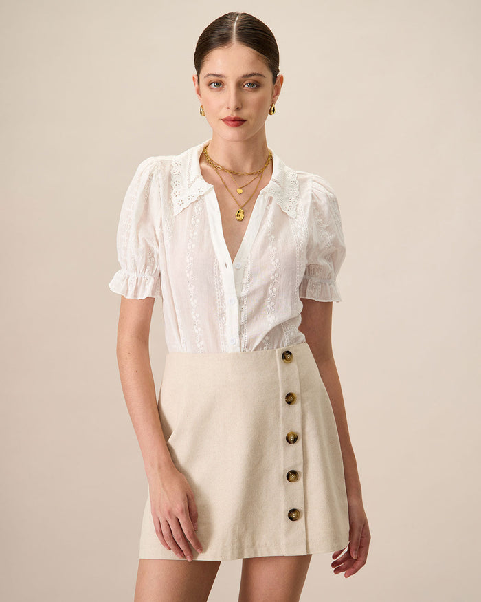 Kadın Beyaz Collared Dantelli Nakışlı Pamuk Bluz