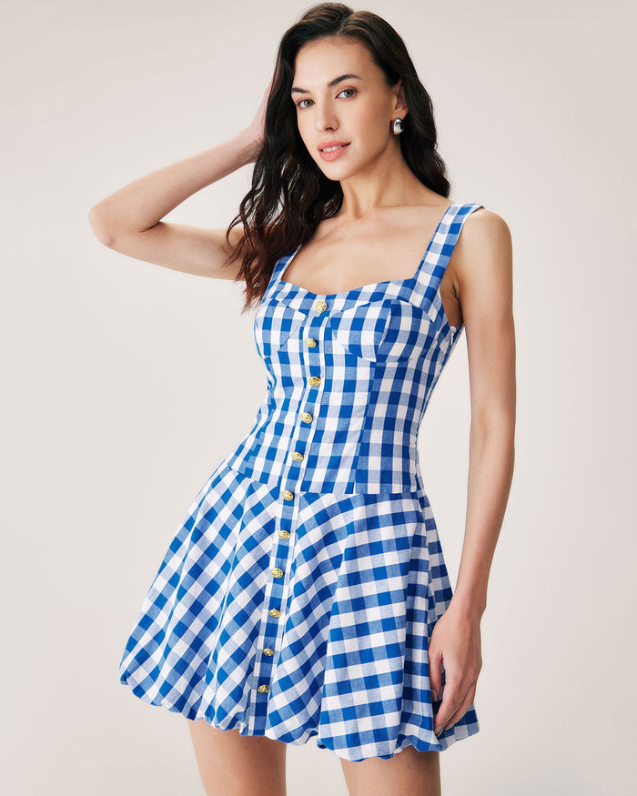 Mavi Ekoseli Slip Mini Elbise