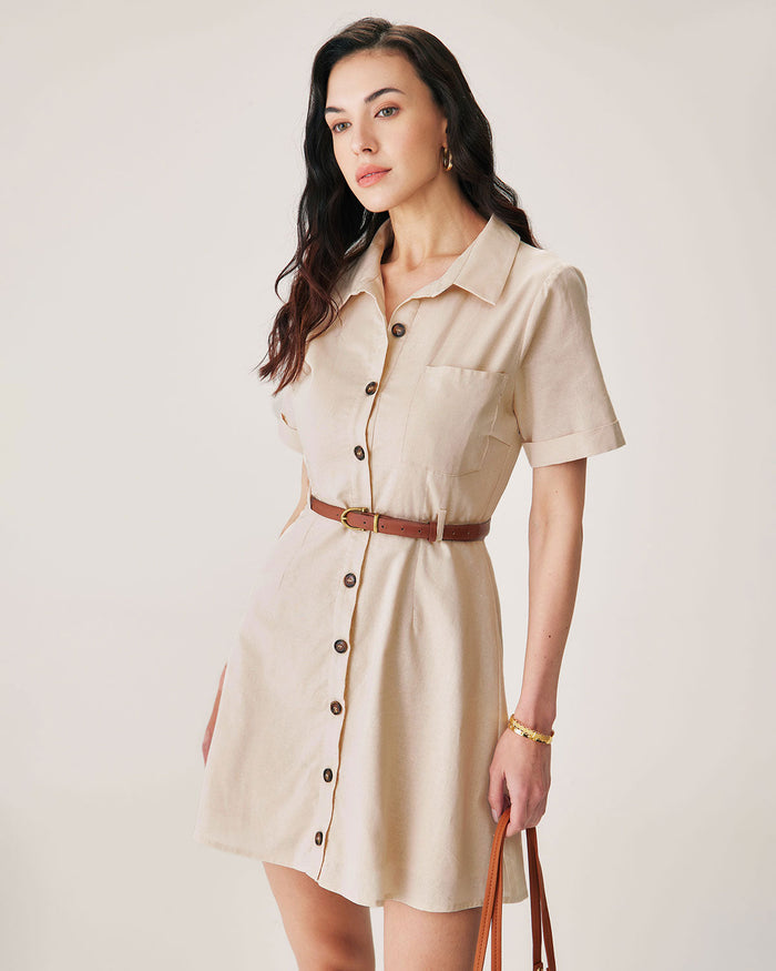 Kayısı Collared Düğmeli Mini Elbise