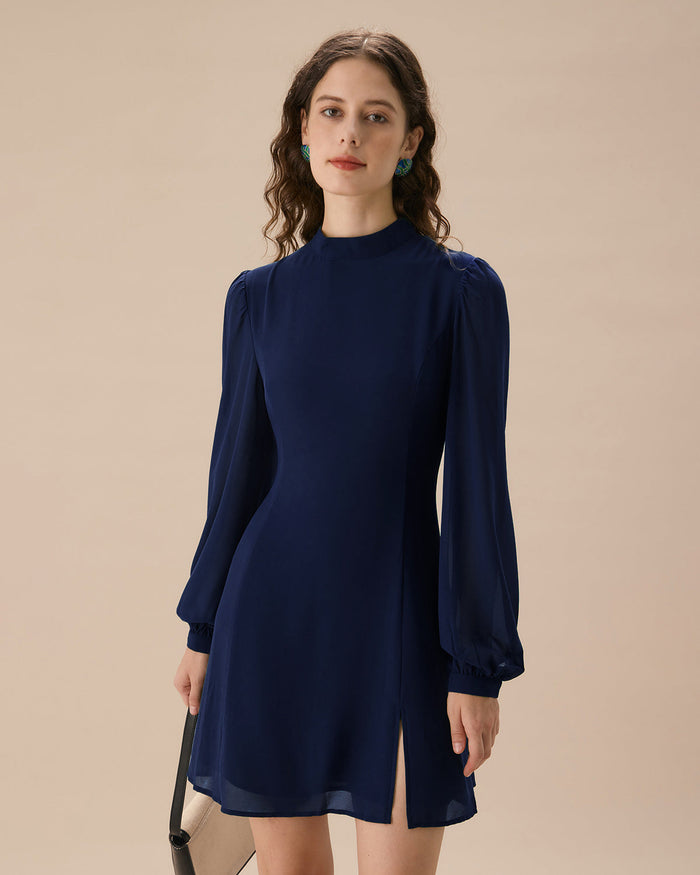 Mavi Yuvarlak Yaka Tunik Mini Elbise