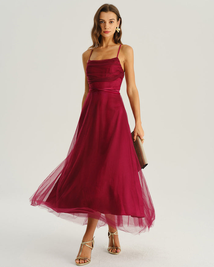 Bordo File Flowy Slip Midi Elbise