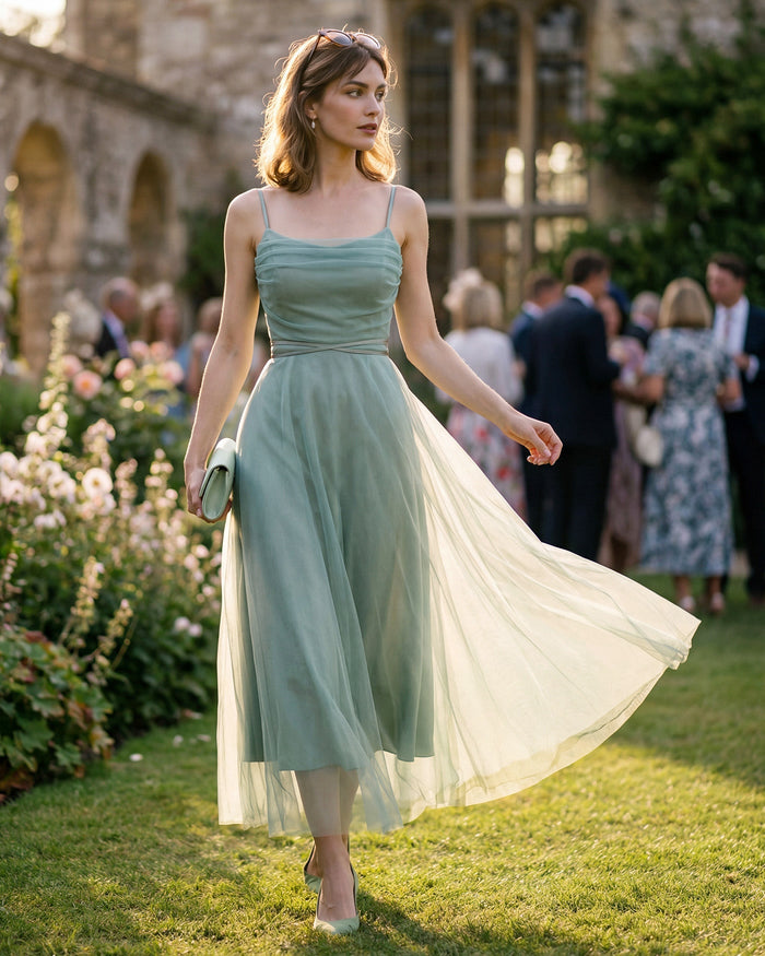 Yeşil File Flowy Slip Midi Elbise