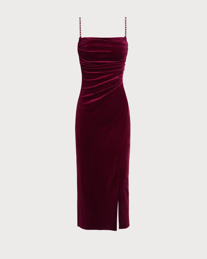 Bordo Kolsuz Askılı Velour Midi Elbise