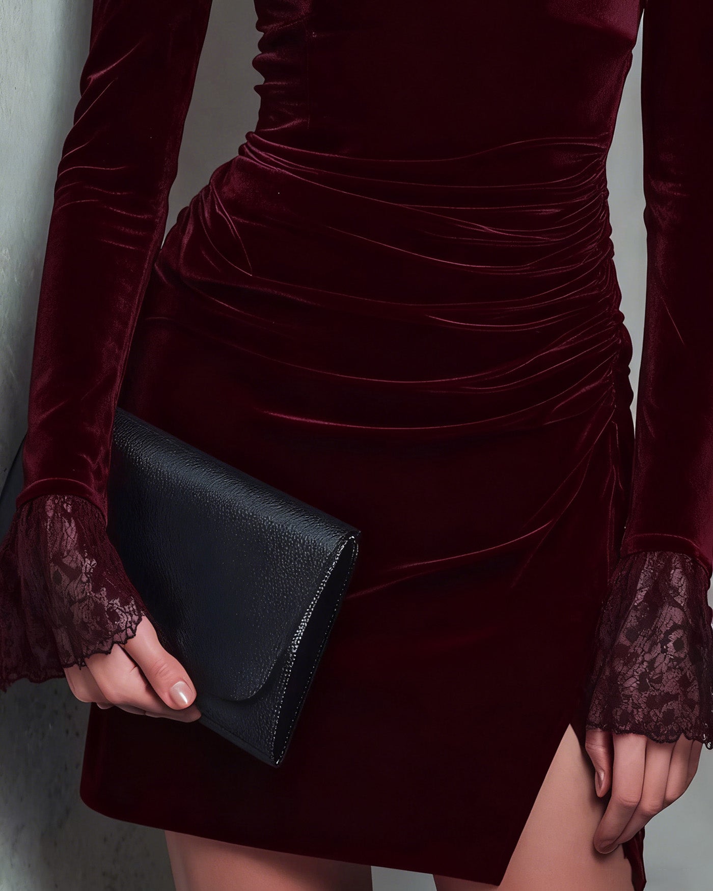 Bordo Velour Kare Yaka Mini Elbise