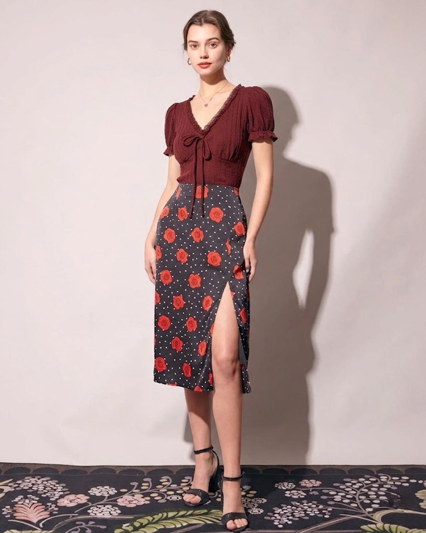 Bordo V Yaka Dokulu Tişört