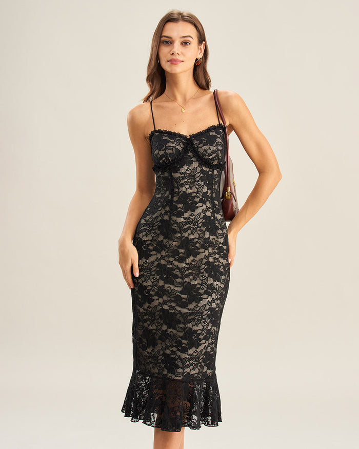 Siyah Dantelli Balık Kesim Slip Midi Elbise