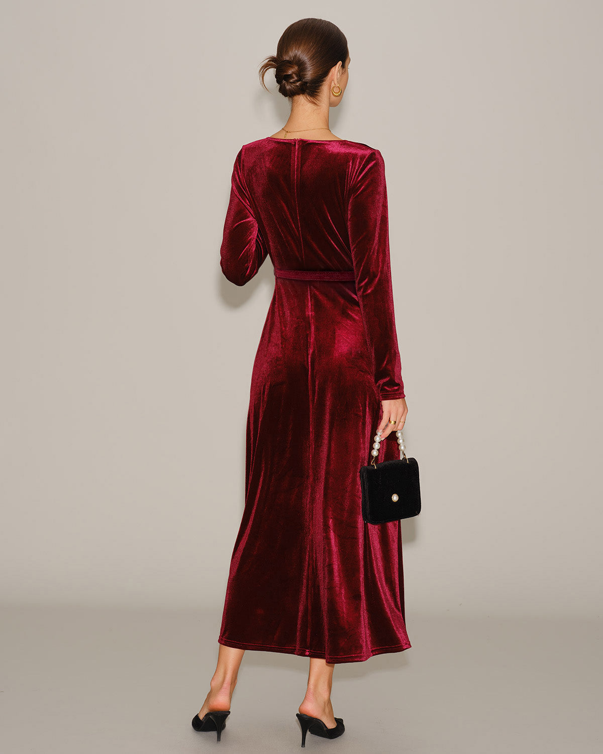 Bordo Velour V Yaka Maxi Elbise