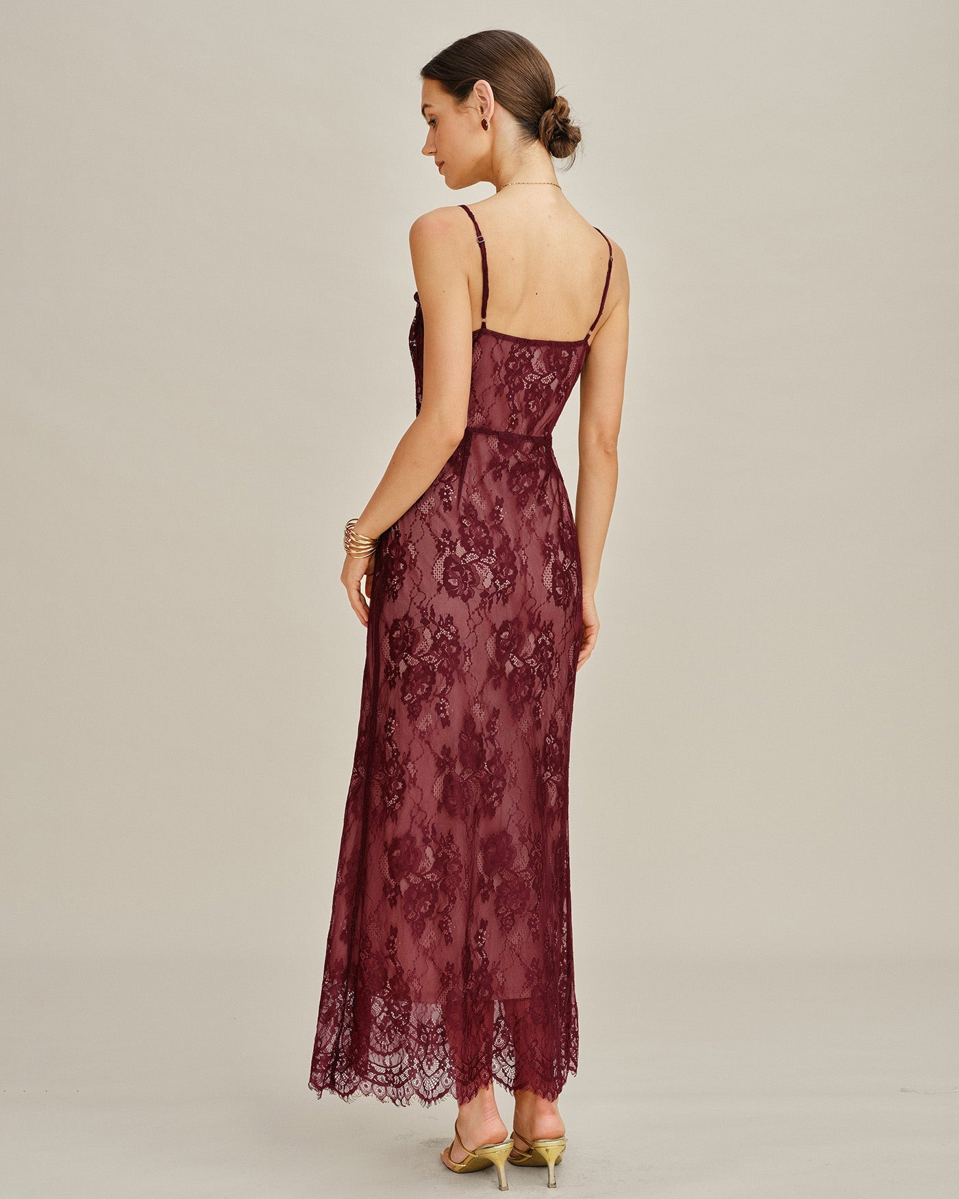 Bordo Dantelli Slip Maxi Elbise