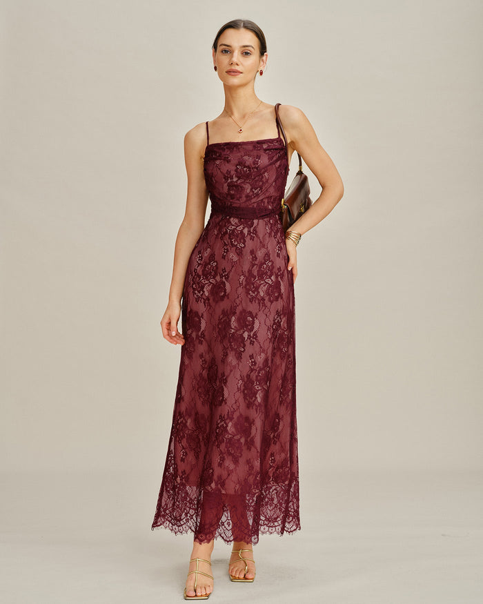 Bordo Dantelli Slip Maxi Elbise