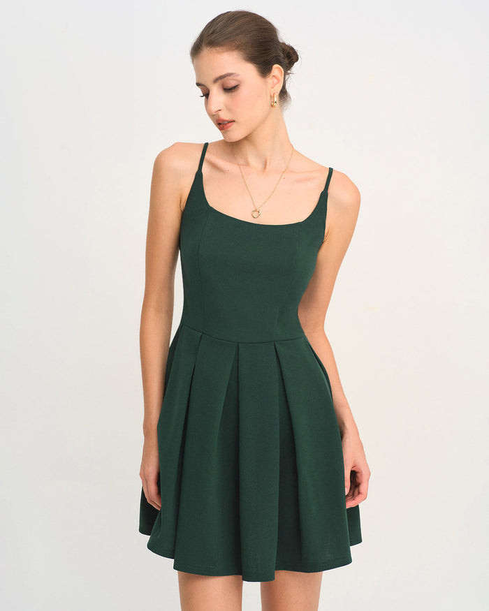 Yeşil A Kesim Pileli Slip Mini Elbise