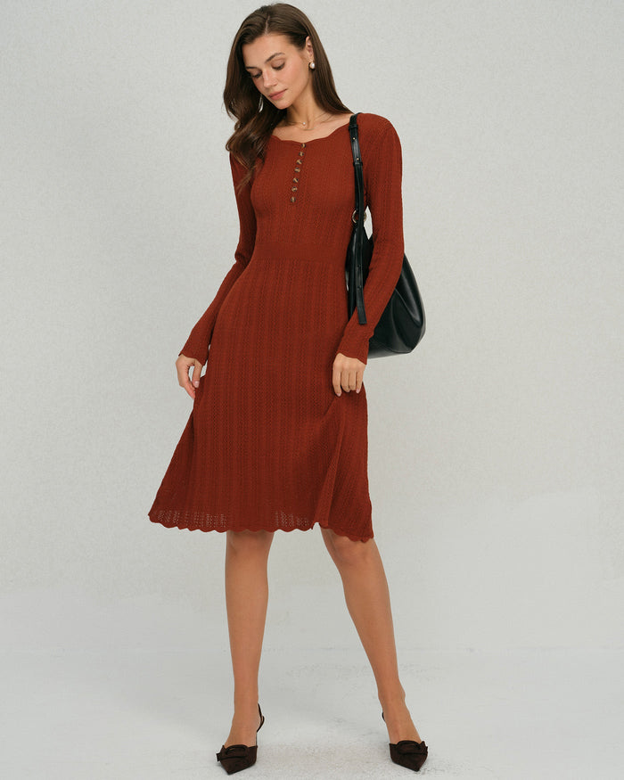 Kahverengi Scalloped A Kesim Triko Elbise