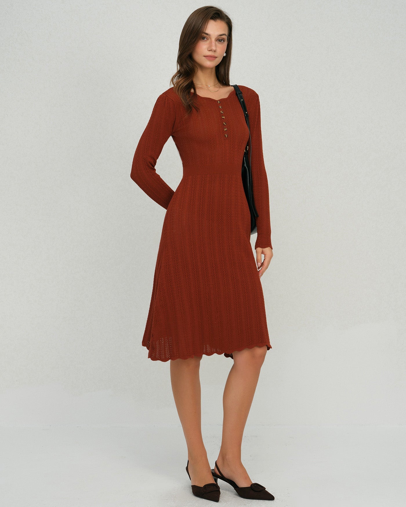 Kahverengi Scalloped A Kesim Triko Elbise