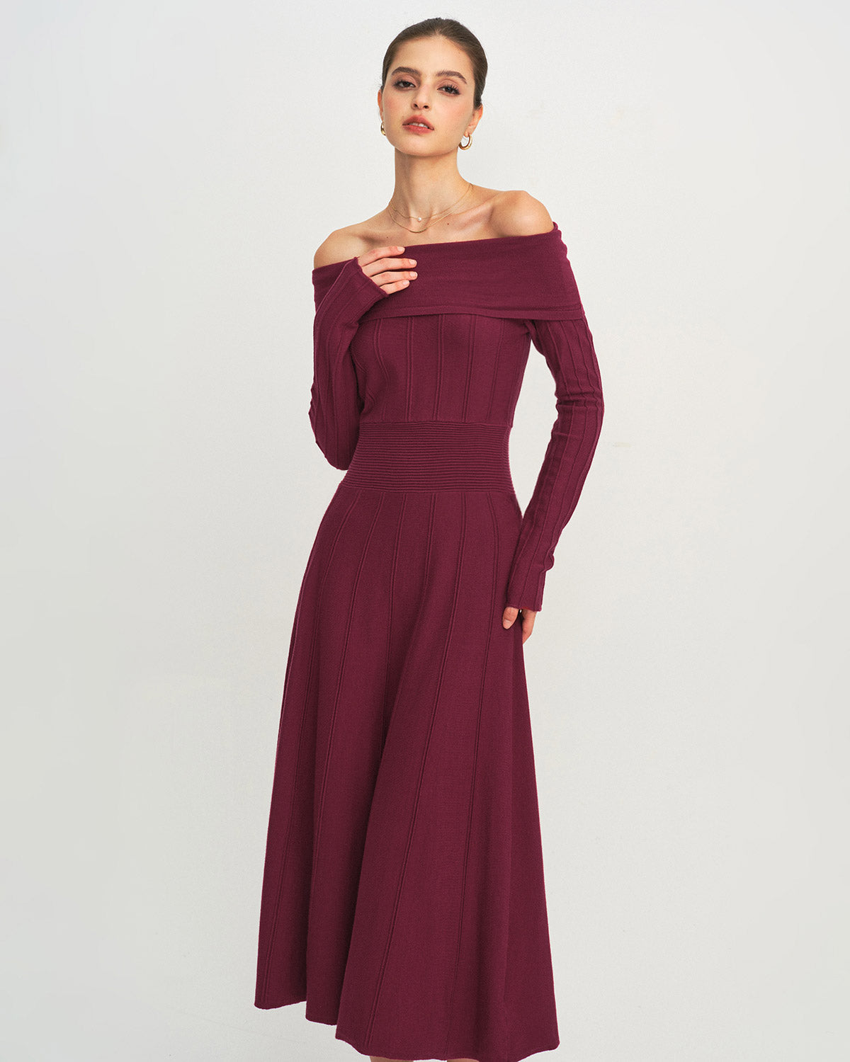 Bordo Off The Shoulder Triko Elbise