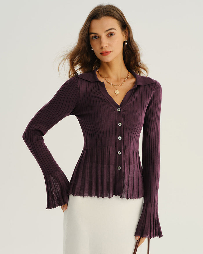 Mor Düğmeli Ribbed Triko Hırka