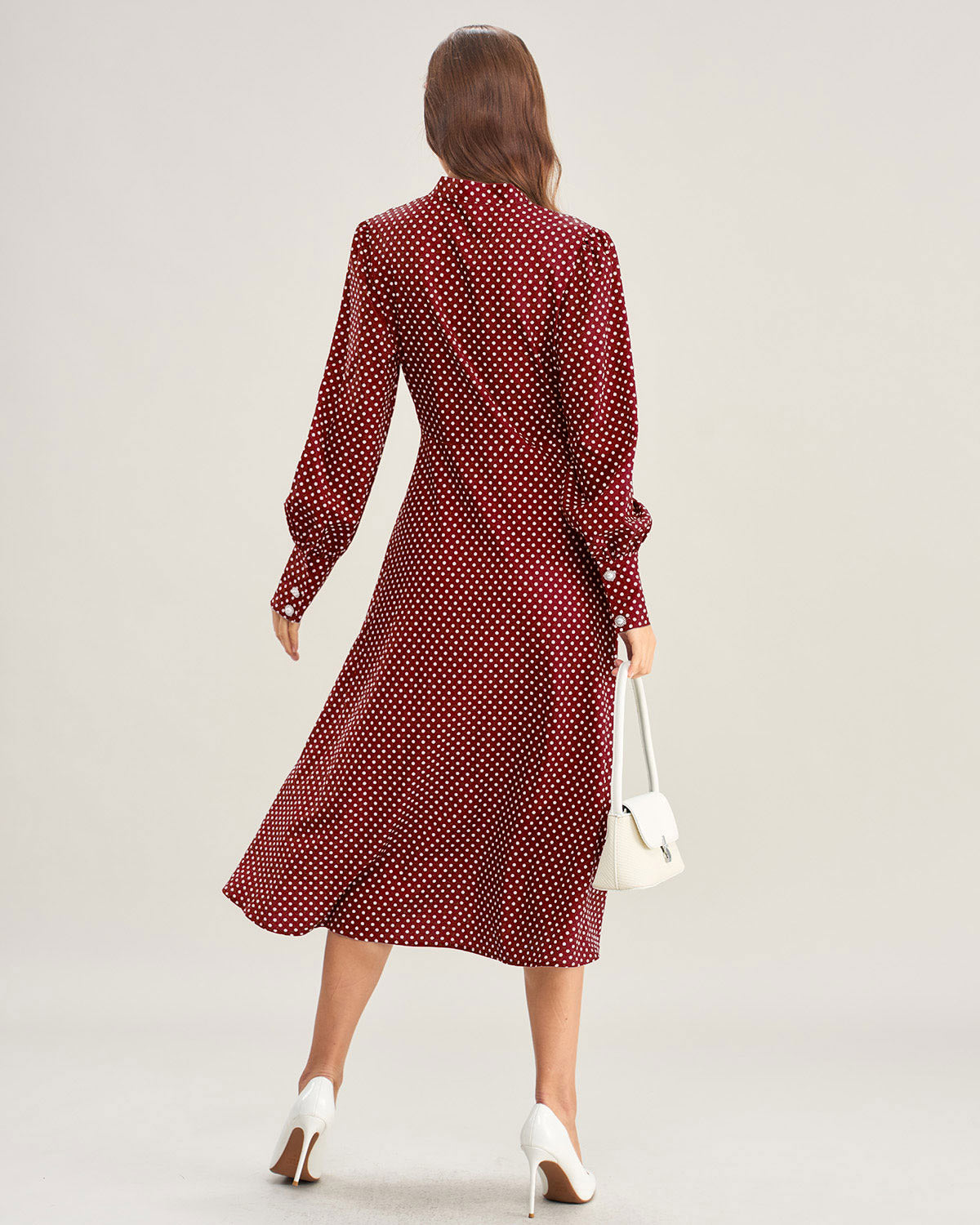 Bordo Bishop Sleeve Puantiyeli Midi Elbise