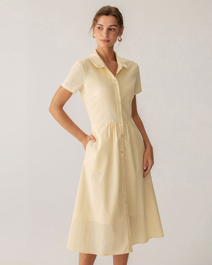 Sarı Düğmeli Kısa Sleeve Midi Elbise