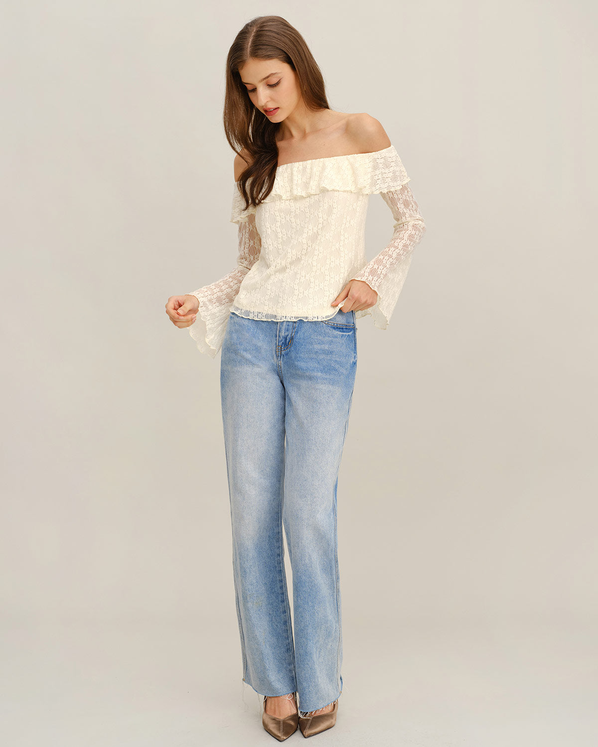 Kayısı Dantelli Off The Shoulder Tişört