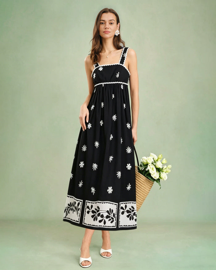 Siyah Çiçek Desenli Kontrast Slip Maxi Elbise