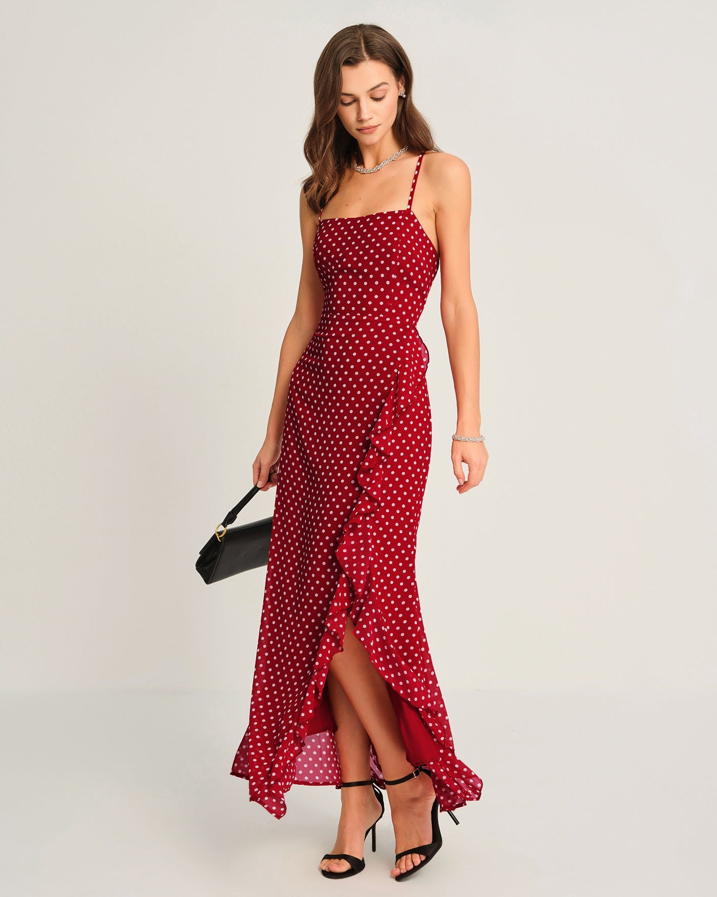 Kırmızı Puantiyeli Slip Maxi Elbise
