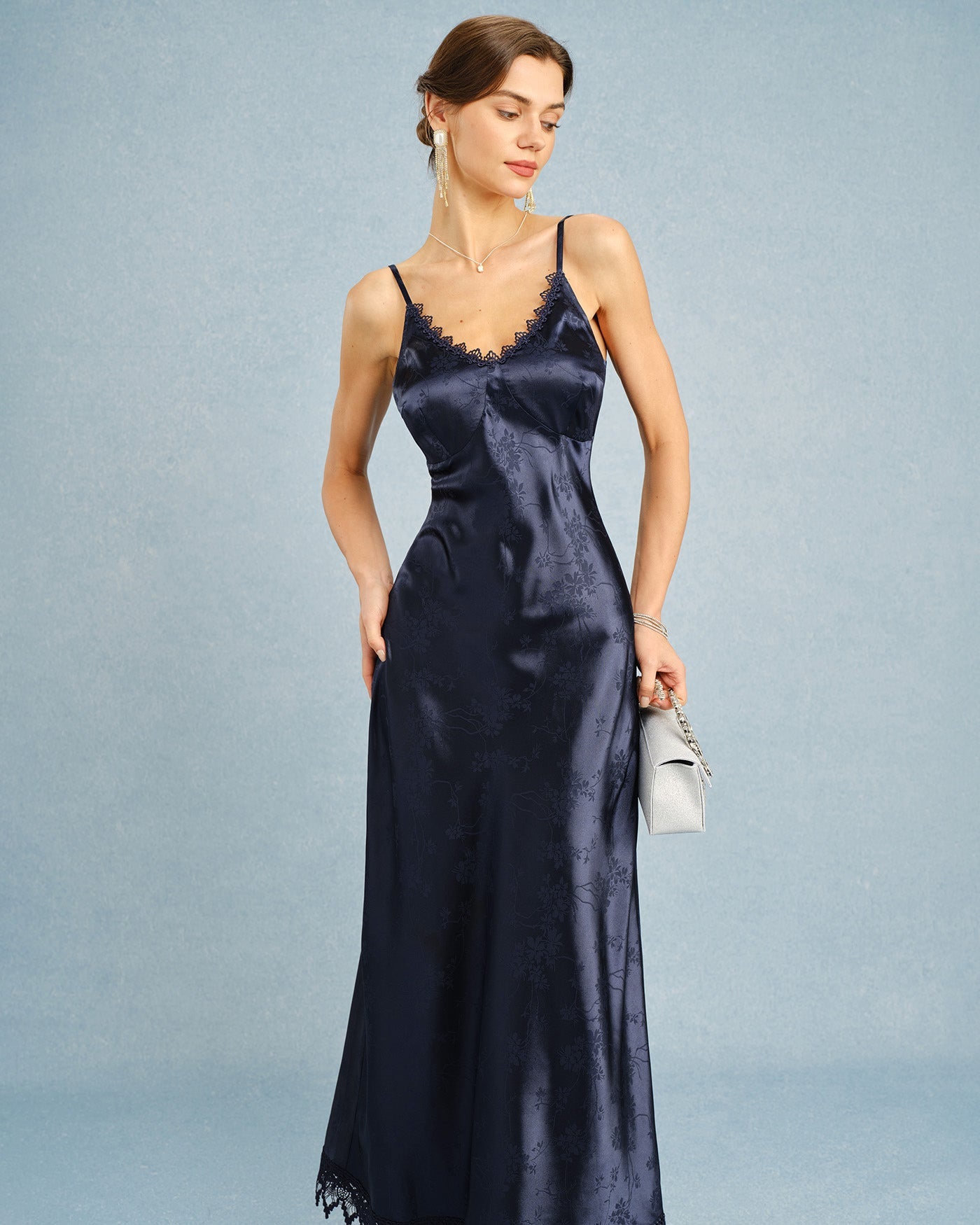 Lacivert Jakarlı Dantelli Slip Maxi Elbise