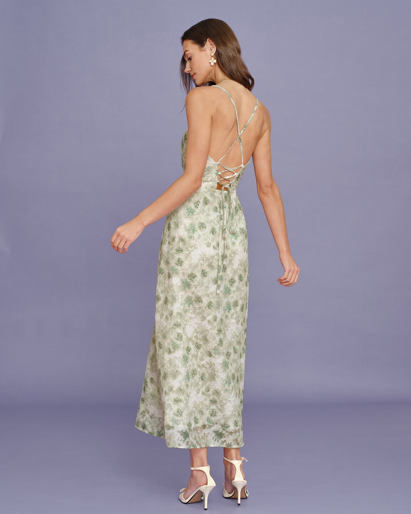 Açık Yeşil Çapraz Çiçek Desenli Slip Maxi Elbise