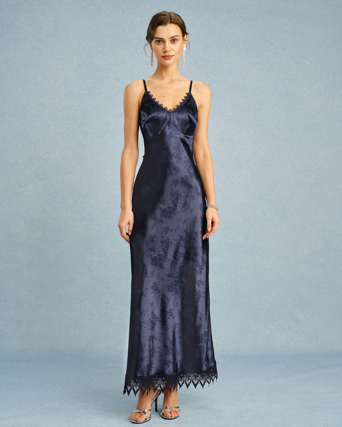Lacivert Jakarlı Dantelli Slip Maxi Elbise