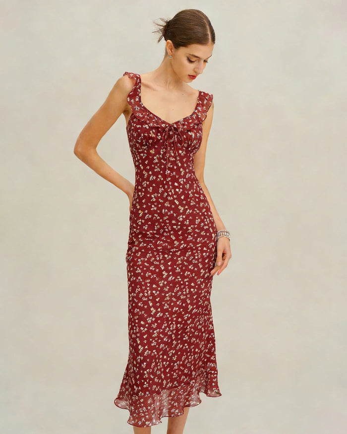 Kırmızı Çiçek Desenli Slip Maxi Elbise