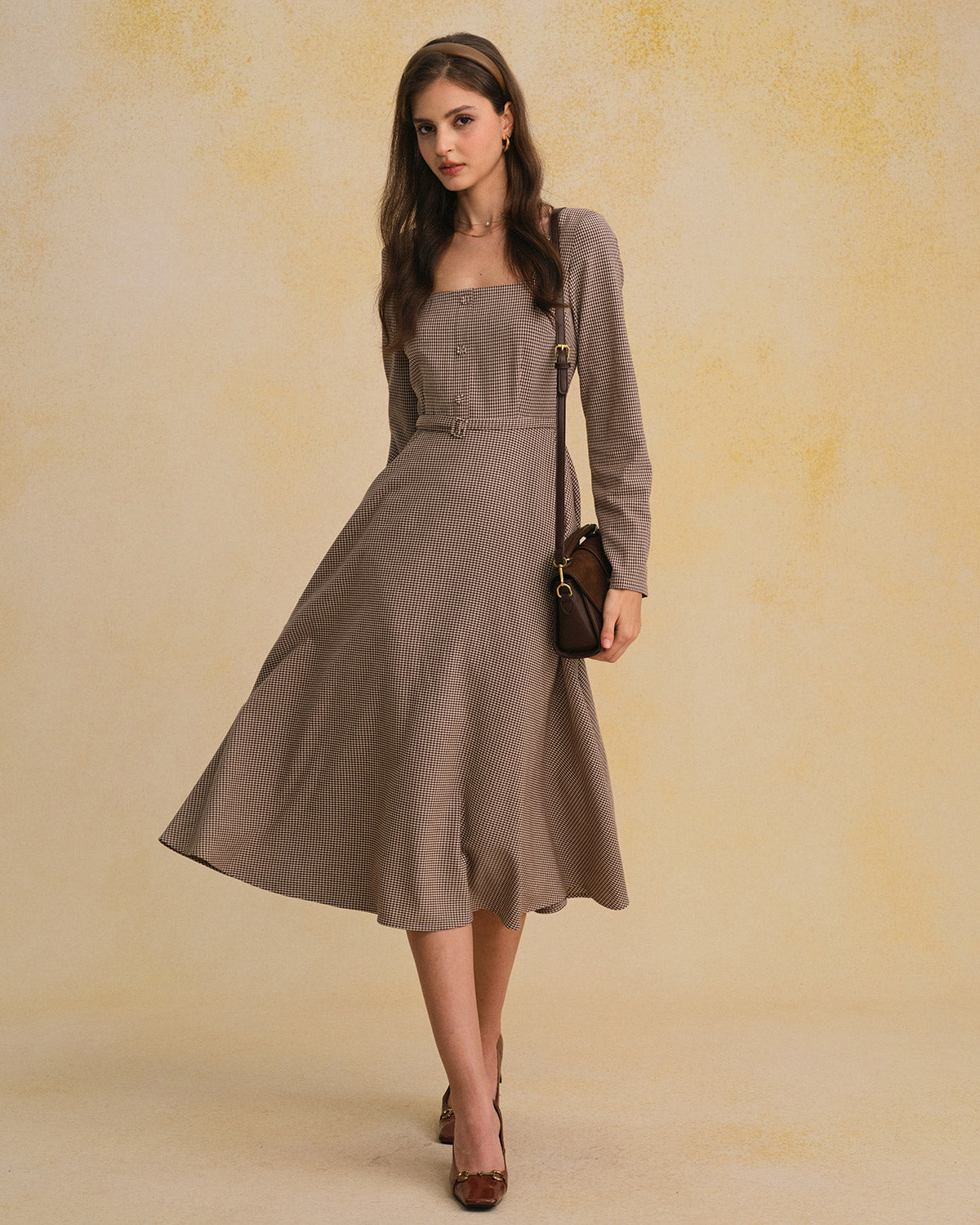 Kahverengi Gingham Kare Yaka Belted Maxi Elbise