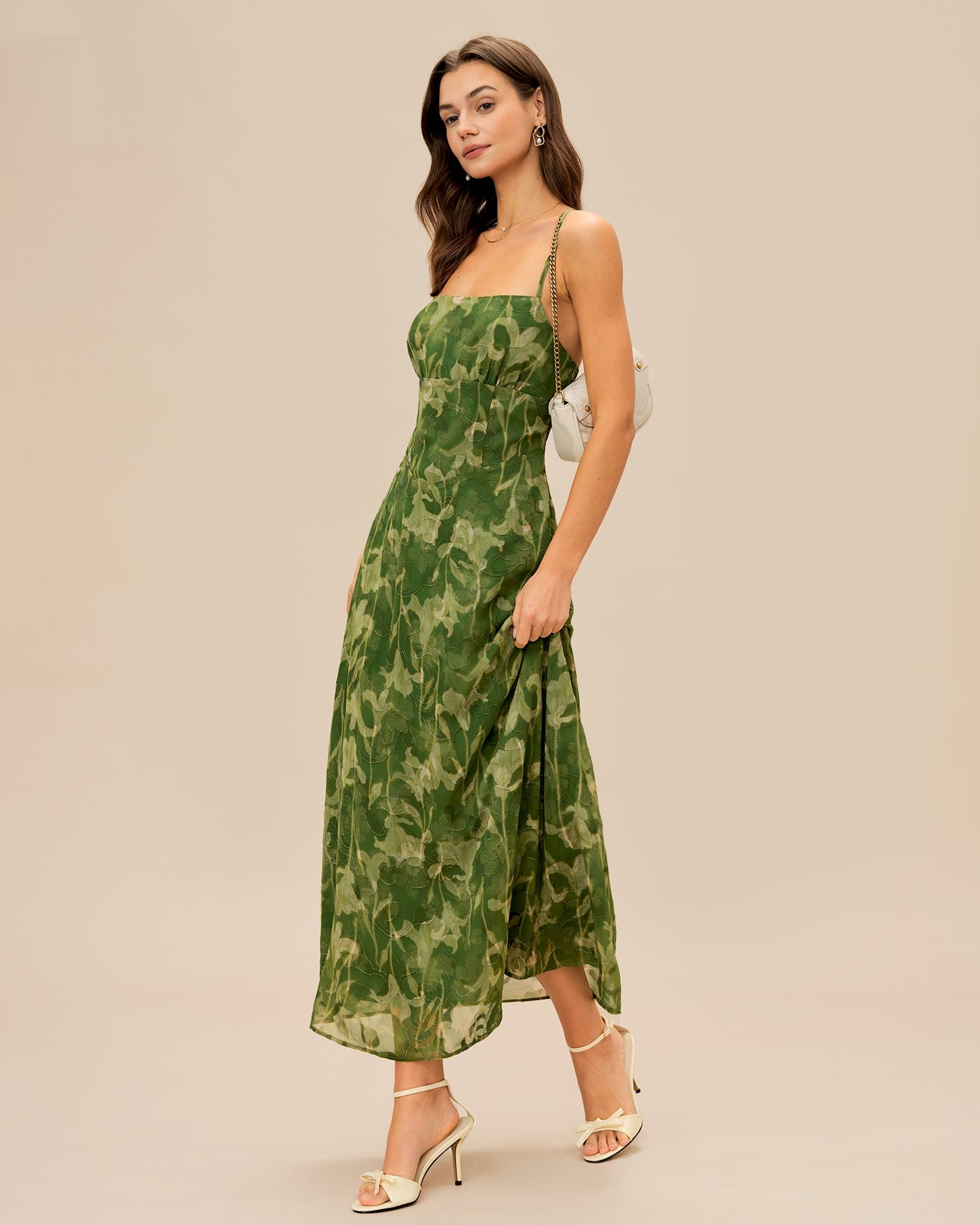 Yeşil Çiçek Desenli Çapraz Slip Maxi Elbise