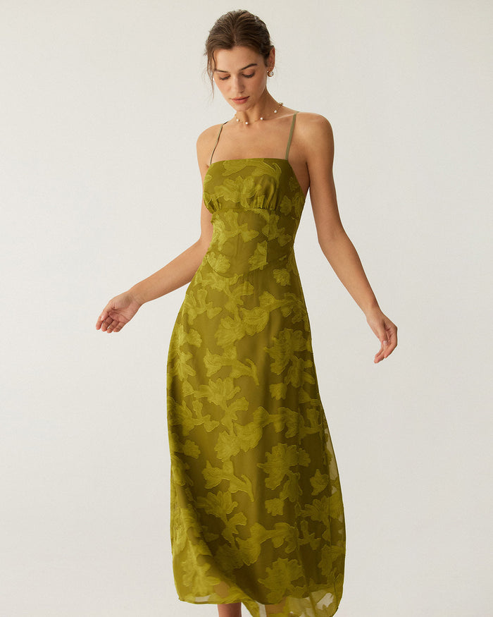 Yeşil Çiçek Desenli Büzgülü Sırtı Açık Slip Maxi Elbise